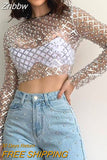 Znbbw Embroidered Flares Glitter Sexy T-shirt Women O Neck Full Sleeve Crop Top Ladies Mesh Shiny Slim Party T-shirts Tops