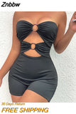 Znbbw Strapless Sexy Cut Out O-Ring Detail Romper Party Club Outfits for Women Summer Black Solid Bodycon Playsuit