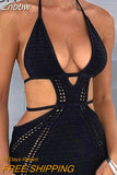 Znbbw Summer Knitted Halter Party Night Club Mini Dress Women Sexy Solid Backless Cut Out Lace Up Short Dresses Beach Wear