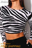 Znbbw Women Zebra-stripe Top Stylish Long Sleeve Side Drawstring Crop Tops Autumn New Round Collar Pullover Tops T-Shirt Lady