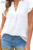 Znbbw V-neck Solid Summer Blouse Women Elegant Loose Chiffon Shirt Ladies Short Sleeve Tops White Shirts Casual Blasas 20008