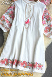 Znbbw Women Summer Dress Ethnic Style Gentle, Loose and Elegant Slim V-neck Retro Embroidered Dress Mid-length Dress D1834