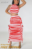 znbbw Summer Balck White Stripe 2 Two Piece Outfit Set For Women 2023 Bodycon Maxi Skirts Sets Casual Vacation Long Skirts