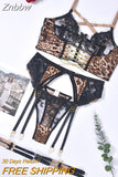 Znbbw Delicate Leopard Lingerie Cross Bra Kit Push Up See Through Underwear 4-Piece Fetish Fancy Luxury Lace Exotic Sets