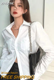 znbbw Spring Casual Long Sleeve Slim Women White Shirt Korea Style Pockets Button Up Short Blouse 2023 New In Female Clothing