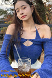 Znbbw Fashion Elegant Women T-Shirts Solid Knit Slim Stretch Halter Flare Sleeve Two Piece Top Female Streetwear Sweet Cute