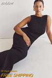 znbbw Knitted Pit Stripe Vest Dress Solid Round Collar High Waist Women's Dress Casual Commuting Women Long Maxi Dresses