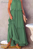 Znbbw Women Solid Vintage Long Dress Summer Boho Elegant Halter Sleeveless Ruffle Layered Dress Female Casual Beach Party Maxi Dress