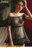 Znbbw Women Sheer Stars Ultra-thin Gauze Ruffles Off Shoulder Sleeve Tops Shorts Leg Ring Underwear Set Temptation Sexy Pajamas 912