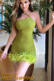 Znbbw Sexy Green Short Cocktail Dresses Crepe Feather One Stripe Shoulder Mermaid dress Backless Prom Homecoming Gowns Dress