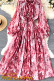 Znbbw Women Spring Autumn Winter Dress High Class Elegant Printing French Style Slim Bubble Sleeve Super Fairy Long Vestidos D2423