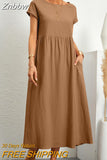 Znbbw Women Elegant Solid Dress Summer Vintage O-Neck Short Sleeve Pocket Mid-Calf Length Dress Female Casual Loose Midi Dresses Robe
