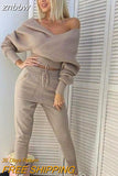 znbbw New Sexy Off Shoulder Knitted Two Piece Set Women Long Sleeve Sport Tracksuit 2 Piece Sweater Pants Suits Matching Sets