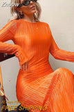 Znbbw Women Fashion Long Sleeve Streetwear Bodycon Orange Midi Dress 2023 Autumn Clothes Wholesale Items For Business