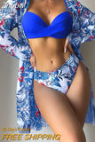 Znbbw Women Gauze Floral Printed Bikini Swimwear Set Full Sleeve Cover Up Three Pieces Sets 2023 Fashion Summer Beach Bathing Suit