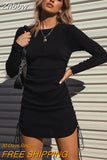 Znbbw Full Sleeve Dress 2023 Autumn New Women Fold Ruched Drawstring Slim Mini Dress Casual Streetwear O-Neck Dresses