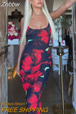 Znbbw Women Elegant Floral Printed Bodycon Streetwear Red Long Dress 2023 Spring Summer Wholesale Items For Business