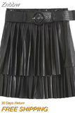 Znbbw ZBZA Women 2023 Pu Leather Mini Skirt with Belt Women High Waist Pleated Skirts womens Casual Streetwear Party 202309