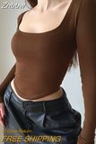 Znbbw Square Neck Solid Color Long Sleeve Crop Top 2023 New Autumn Clothes for Women Curved Hem Slim T-Shirts