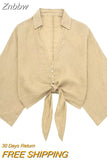 Znbbw TRAF Women Fashion With Knotted Linen Shirts 2 Piece Sets Long Pant Female Suits Holiday Sets Women