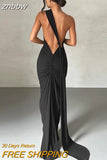 znbbw Oblique Shoulder Backless Long Maxi Dress For Women Gown Summer Elegant Sleeveless Ruched Party Club Prom Sexy Vestidos