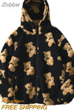 Znbbw Men Cartoon Bear Lamb Wool Hooded Coat Casual Oversized Zip Up Sweatshirt Tops 2023 Winter Men Hoodie Jacket Cute Korean Outwear