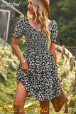 Znbbw Women's Summer Dress Elegant Floral Print Vintage Mini Dress Clothes V-Neck Puff Sleeve Ruffles Sexy Cake Dresses for Women 2023