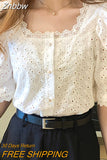 Znbbw Elegant Summer Short Sleeve Woman Shirts Square Collar Hollow Out White Blouse Women 2023 Korean Lace Shirt Blusas 13934