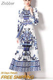 Znbbw Vintage Blue And White Porcelain Print Ankle-Length Dress Women's Lapel Lantern Sleeve Elegant Sashes Maxi Vestidos N9860