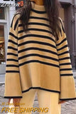 Znbbw Women Turtleneck Sweaters Striped Split Autumn Winter Long Flare Sleeve Knitted Pullover Oversized Y2K Female Knitwear Top