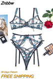 Znbbw Fairy Lingerie Sexy Lace Floral Transparent Underwear 3-Piece Delicate Intimate See Through Sensual Bra Thongs Outfits