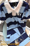 znbbw Women Blue Short Sleeve Split T-shirt Dress 2023 Summer Loose Mid-length Over-knee Stripe Splicing Lace Neck One Piece Dress