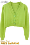 Znbbw Crop Cardigan Women Korean Short Sweater Long sleeve V neck Green Blue