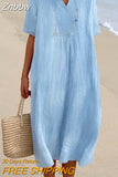 Znbbw V-neck Short Sleeve Pleated Long Dress Simple Solid Color Loose Women Dress 2023 Summer Beach Cotton Linen Dress Vestidos