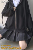 Znbbw Preppy Style Gray Zip Up Hoodies Women Harajuku Hip Hop Oversized Sweatshirts Black Loose Casual Tops Jacket Japanese