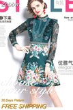 Znbbw Fashion Runway Flower Jacquard Dress Women's Beading Stand Long Sleeve Ruffles Lace Stitching Vintage Party Vestidos