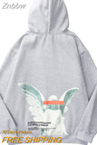 Znbbw Women 2023 Hip Hop Streetwear Harajuku Pullover Angel God Printed Hoodies Pocket Cotton Fleece Pullover Grey Hooded Sweatshirt