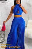 Znbbw Women Pleated Halter Lace Up Sleeveless Pant Suits 2023 Summer New Party Outfits Lady Fashion Top Wide Leg Pants Two Piece Set