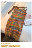 znbbw Summer Vintage Sexy Backless V-Neck Rainbow Knitting Suspender Dresses For Women High Waist Hotsweet Beach Club Dress