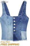 Znbbw TRAF 2023 Summer Raw Hem Patchwork Denim Vest Women Tops Designer Women Sleeveless Button Cropped Jeans Tank Top
