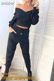 znbbw New Sexy Off Shoulder Knitted Two Piece Set Women Long Sleeve Sport Tracksuit 2 Piece Sweater Pants Suits Matching Sets