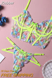 Znbbw Luxury Lingerie Sexy Floral Embroidery Set Woman 2 Pieces Underwire Bra Thongs Exotic Intimate Neon Green Underwear