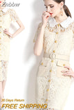 Znbbw Designer Luxury Hollow Out Midi Lace Dress Women Summer Short Sleeve Metal Buttons Belt Pockets Party Vestidos N6915