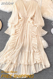 znbbw Autumn New Holiday Style Ankle Length Long Dresses Women Sexy V Neck Puff Sleeve Lace Elegant Evening Party Summer Dress
