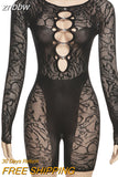 znbbw Summer Solid Hollow Out One Pieces Rompers Club For Women 2023 Long Sleeve See Through Slim Playsuits Elastic Activewear