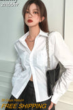 znbbw Spring Casual Long Sleeve Slim Women White Shirt Korea Style Pockets Button Up Short Blouse 2023 New In Female Clothing