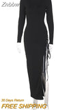 Znbbw Women Sexy Long Sleeve Hollow Out Party Club Bodycon Black Split Long Dress 2023 Spring Autumn Clothes Wholesale Items