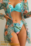 Znbbw Women Gauze Floral Printed Bikini Swimwear Set Full Sleeve Cover Up Three Pieces Sets 2023 Fashion Summer Beach Bathing Suit