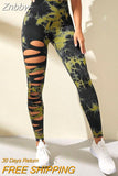 Znbbw Tie Dyed Hollowed Out Yoga Pants High Waist Quick Drying Sport Leggings Tight Lifting Hip Fitness Gym Leggings