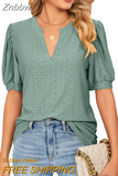 Znbbw Solid Lace Woman Shirt Elegant Hollow Puff Short Sleeve Pullover Blouse Women Casual V-neck Loose Lady Tops Blusas 24698